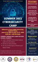 Cybersecurity Camp Summer 2022 at Texas A&M Central-Texas for high school students