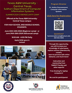 Cybersecurity Camp Summer 2024 at Texas A&M Central-Texas for high school students