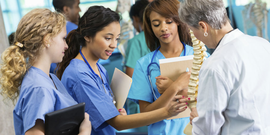 group of 4 female nurses examining a model spine