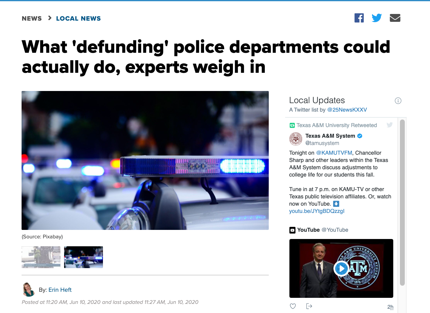 Screenshot of KXXV news story about consequences of defunding the police