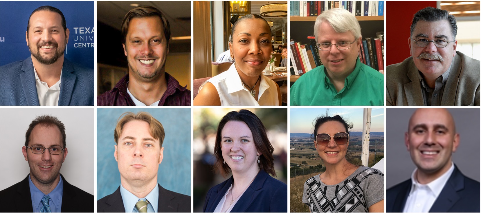photo collage of faculty and staff participating in election night coverage. Top row (Left to Right): Dr. Jeremy Berry, Dr. Bruce Bowles, Dr. Sanfrená Britt, Dr. Jeffrey Dixon, Dr. Jerry Jones. Bottom row (Left to Right): Dr. John Koehler, Dr. Sam Fiala, Dr.Stephanie Peebles Tavera, Dr. Roslyn Schoen, Paul York. Not Pictured: Dr. Amy Mersiovsky and Dr. Rob Tennant