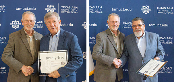 Two Images combined. Left side is two men holding an award and shaking hands. Right side is the same image but two different men shaking hands and holding an award.