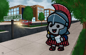 Cartoon mascot Pathfinder on a sidewalk, holding a paper that says "Early Registration"