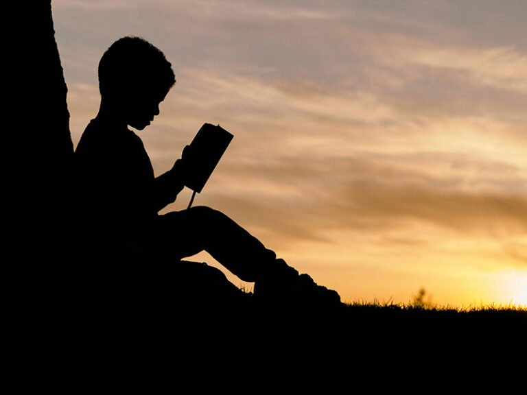 A silhouette of a boy leaning against a tree, reading at sunset.