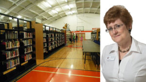 Left: The former Fairway Middle School gymnaisum served as the university's library, nicknamed "the gymbrary" Right: Stacy Ferrell, celebrating her nearly 25 years at a university that is "really" just 15 years old.