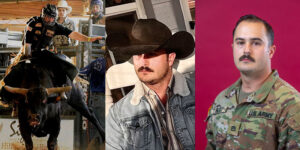 Three combined images of Chris Landry. Chris Landry bull-riding, Chris Landry in casual cowboy garb, Chris Landry in military uniform.