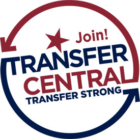 A circular logo, with the words "Join! Transfer Central. Transfer Strong". The top half of the logo's circumference is a red arrow, and the bottom half of the logo's circumference is a navy arrow.
