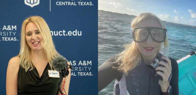 Dr. Mienie Roberts, P.h.D., Associate Professor, smiles at the camera on the left, in front of Texas A&M University-Central Texas branding. On the right is a selfie of Dr. Roberts scuba diving.
