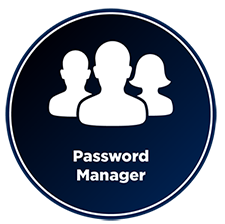A circular navy blue graphic with three people silhouettes above the words "password manager"
