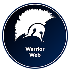 A circular navy blue image, with the TAMUCT warrior helmet at a side profile, with the words "Warrior Web" below