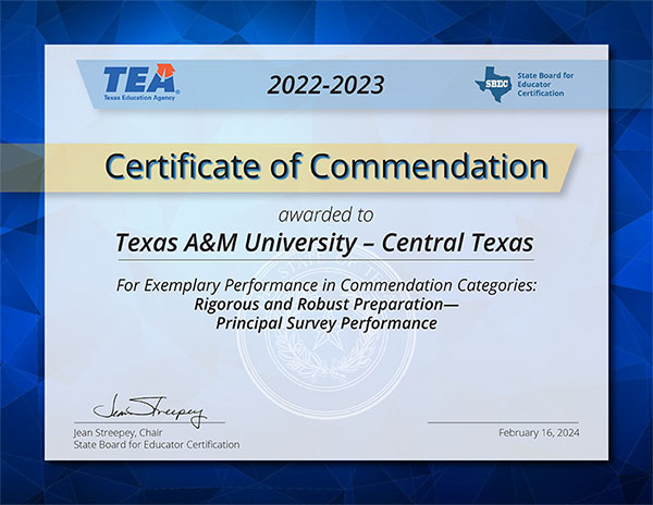 TEA Certificate of Commendation for Exemplary Performance in
Categories: Rigorous and Robust Preparation, Principal Survey Performance.