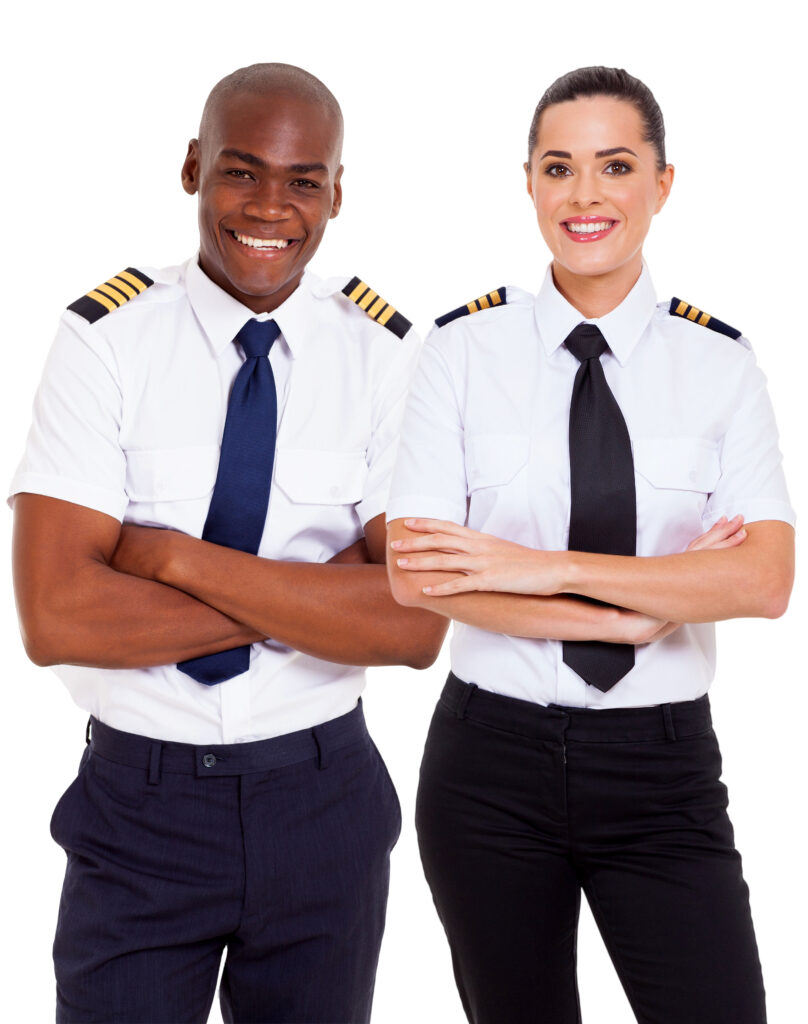 Two pilots with crossed arms against a white background