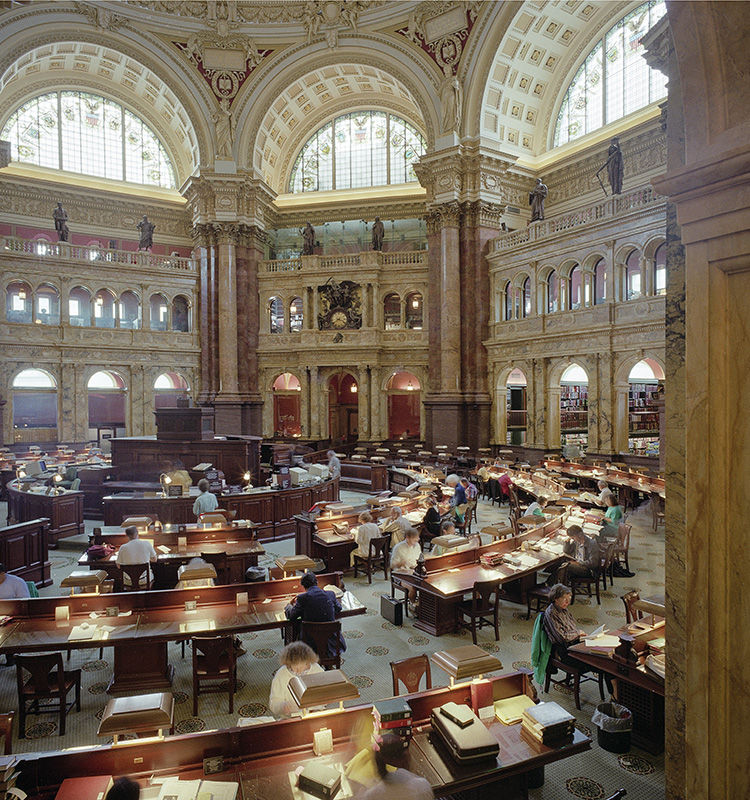 Reading room of the Library of Congress's historic Thomas Jefferson Building.