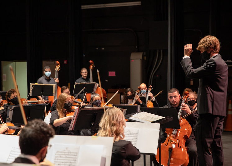 The orchestra in a semi-circle around the conductor