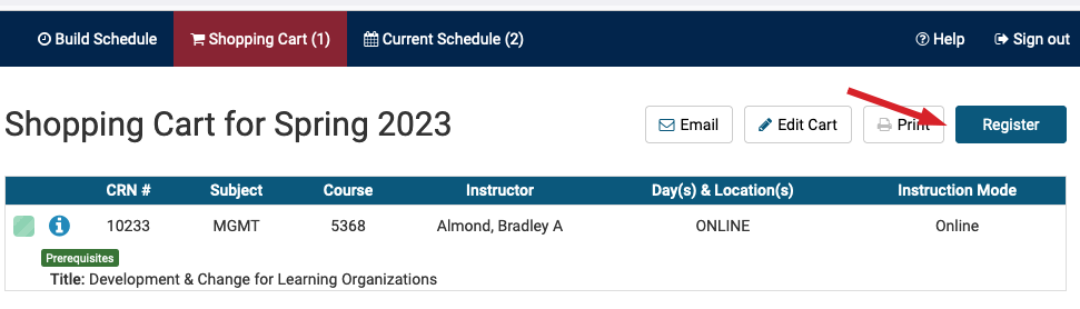 Red arrow button pointing to register button