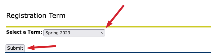 Registration term with select a term dropdown and submit button