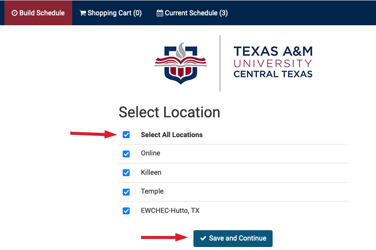 Selection location portion with all locations selected and save and continue button at the bottom