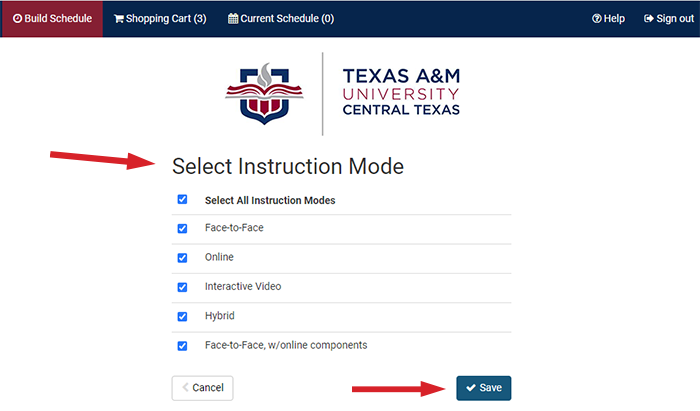Select Instruction Mode radio button selected on Select All Instruction Modes and an arrow pointing to the save button