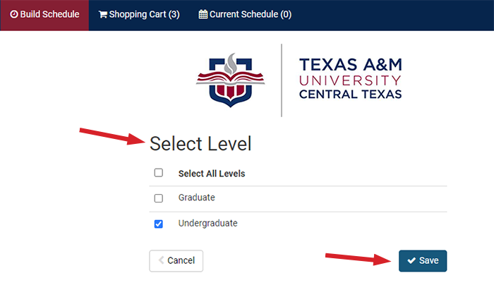 Select level radio button selected on  undergraduate and a red arrow pointing to the save button