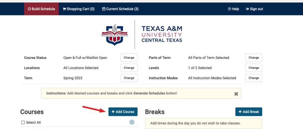 Red arrow pointing to Add course button