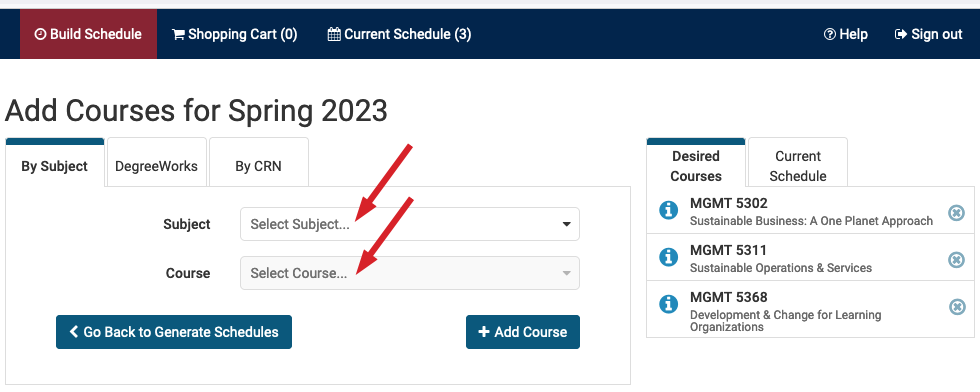 Red arrows pointing to subject dropdown and course dropdown