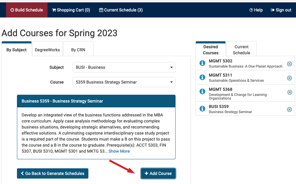 Drop down have selected subject and course. Red arrow points to add course.