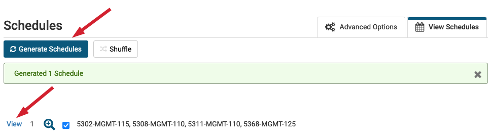 Red arrow points to generate schedules button and view button