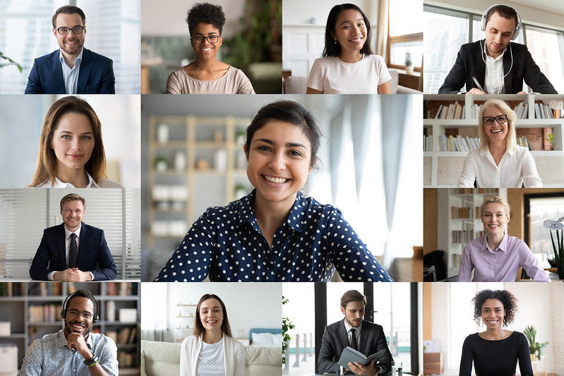 A collage of people smiling while looking at the camera