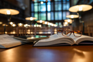 two open books, glasses and a table lay on a table in a lowlit library