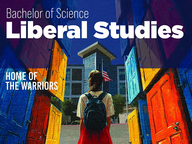 stylized illustration. female student with white shirts, red skirt and blue back packs stands facing Founders Hall. On the sides of her are doors.