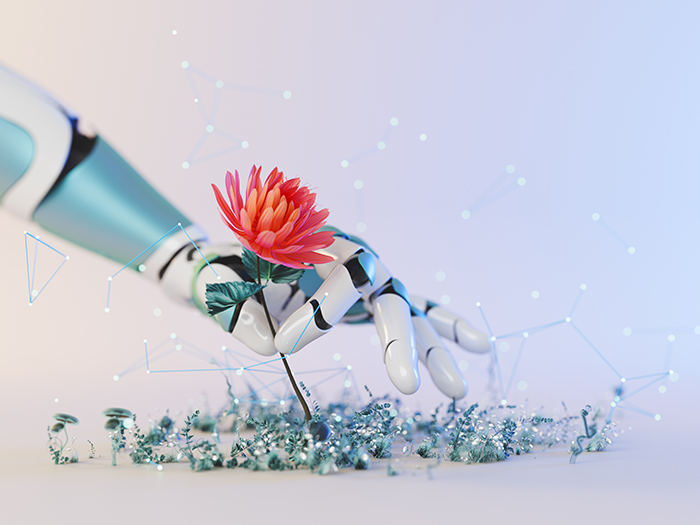 AI hand picking flower