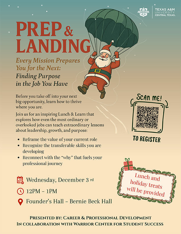 Prep & Landing; Holiday Lunch & Learn: Find Purpose in the Job You Have; Dec 3. 1pm Bernie Beck