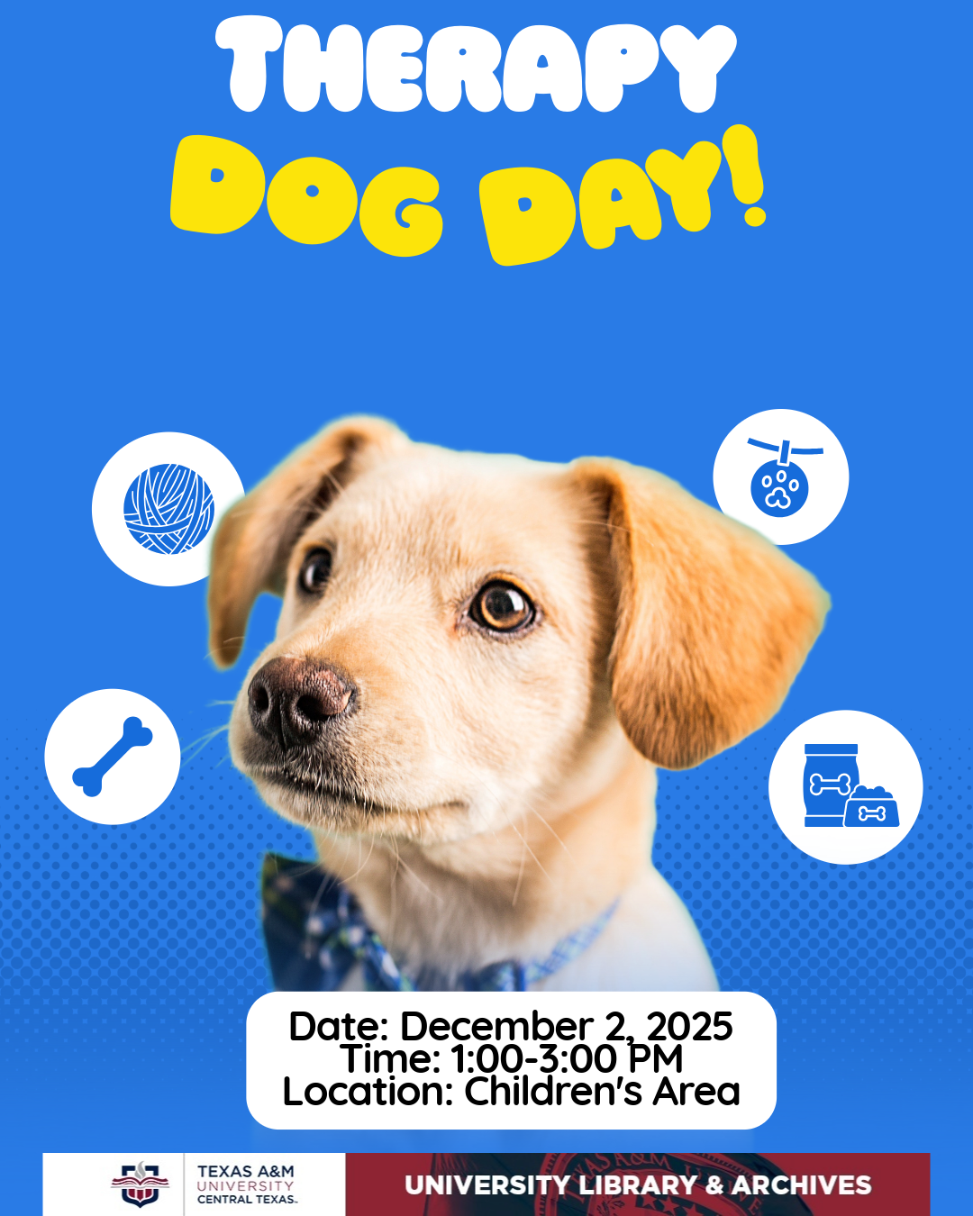 Poster for the Fall 2025 Therapy Dog Day at the University library.