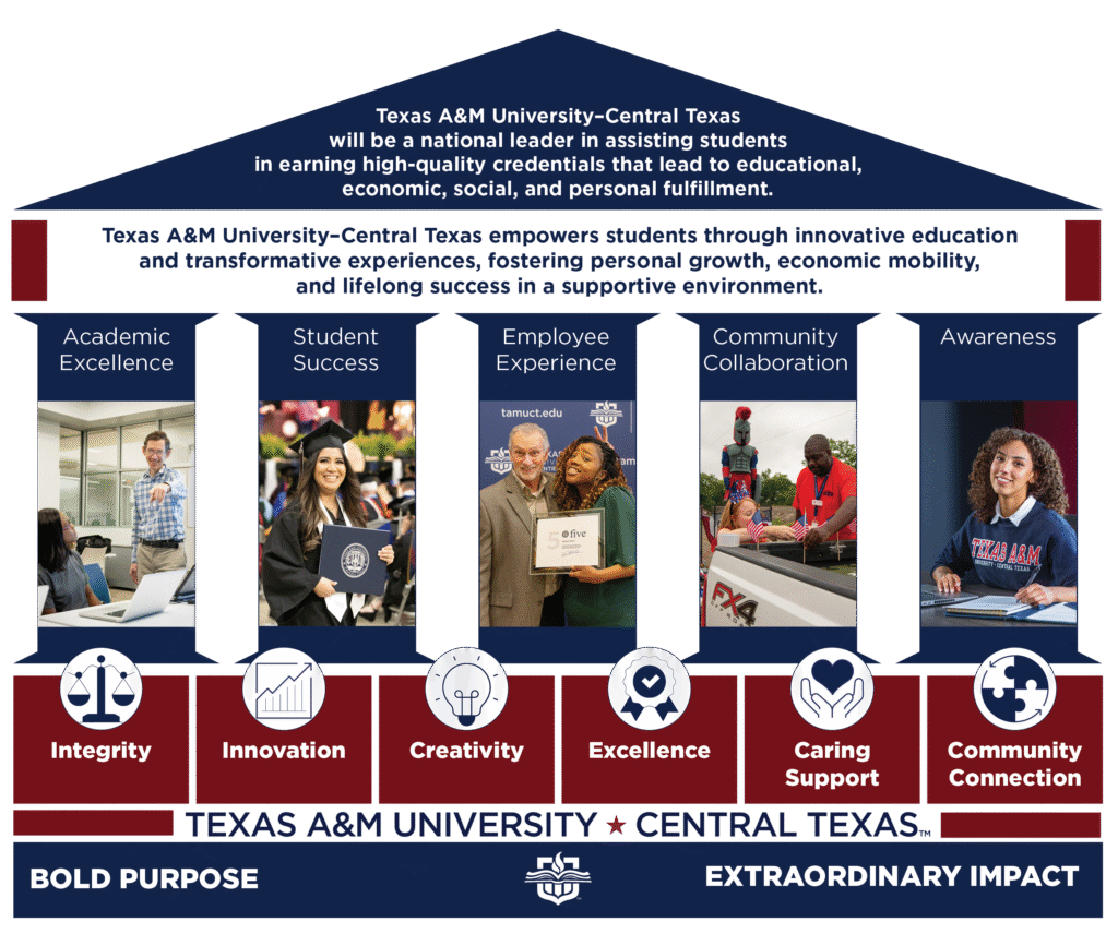 Strategic plan info graphic stating the vision, mission, pillars, and values of the university.