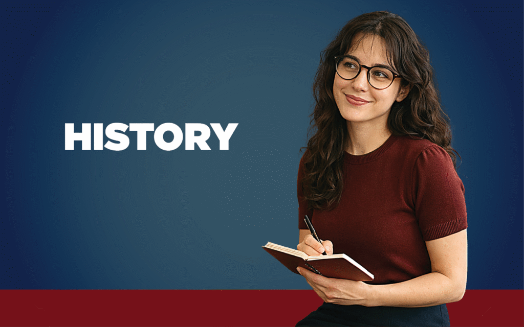 Young bespectacled woman writing in a journal. The word history is displayed.