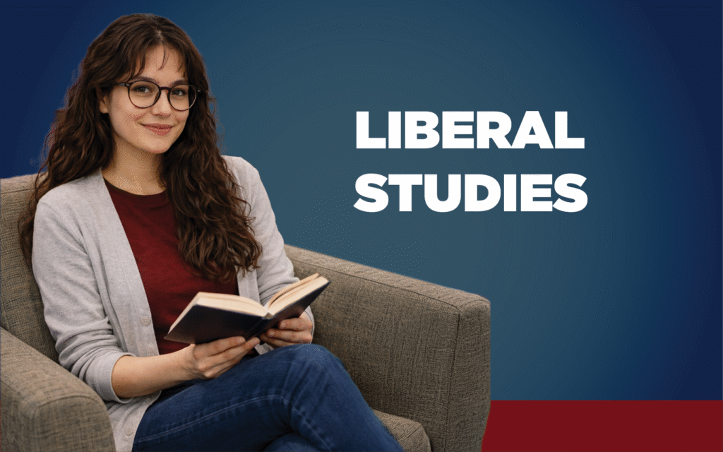 Woman sitting in a comfortable chair reading a book with the words liberal studies displayed.
