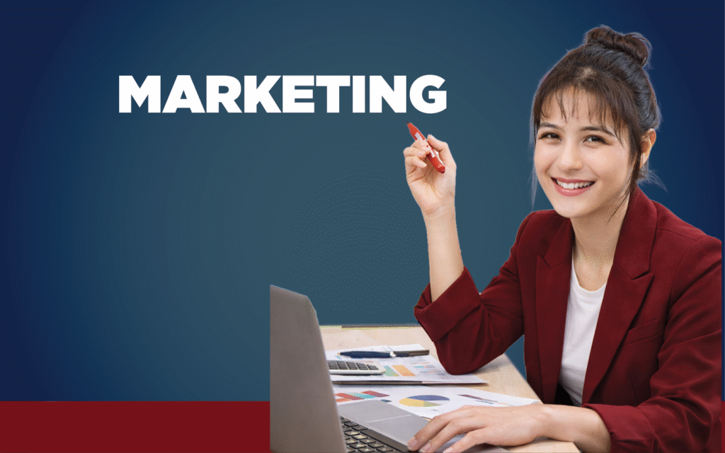 Woman in maroon blazer looking over charts and graphs on a laptop with the word Marketing displayed.