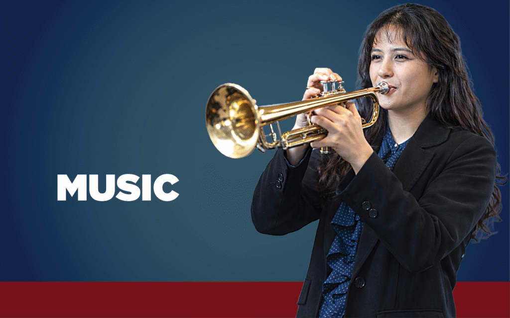 Woman with long dark hair dressed in a blazer and blouse playing a trumpet with the word music displayed.