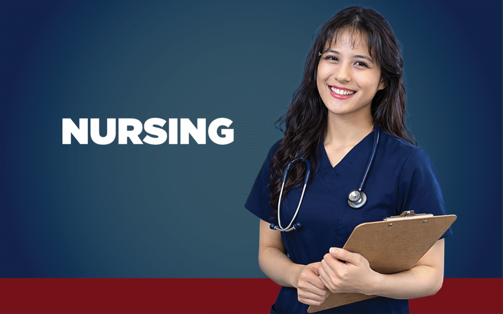 Woman with long dark hair in blue nursing scrubs holding a clipboard and stethoscope.