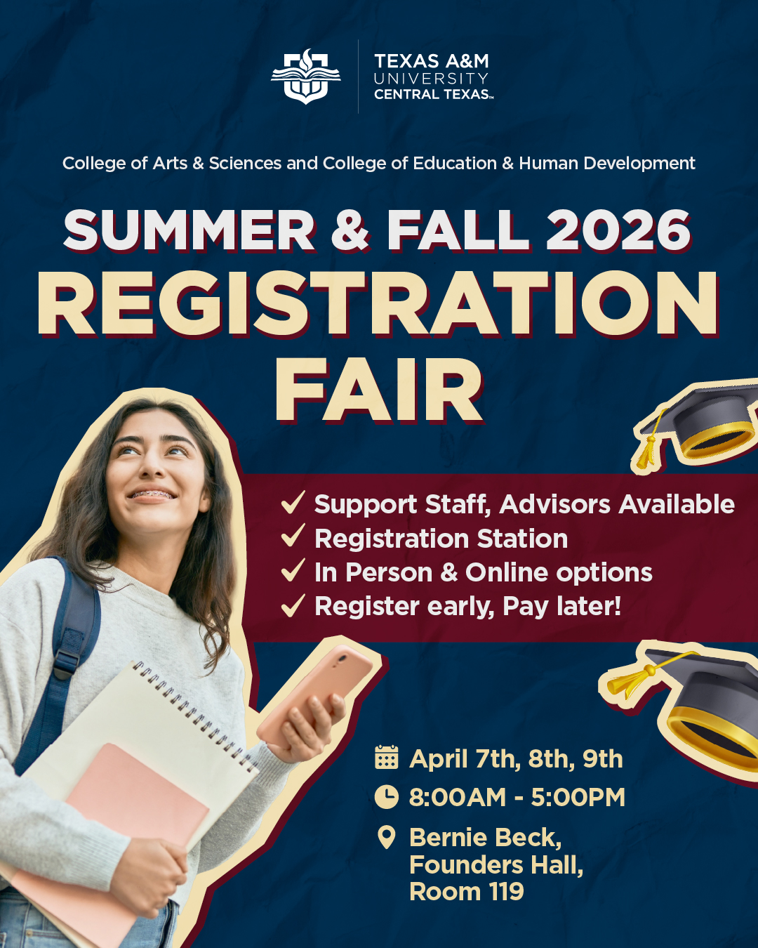 Poster for Summer & Fall 2026 Registration Fair, April 7-9, 8am-5pm