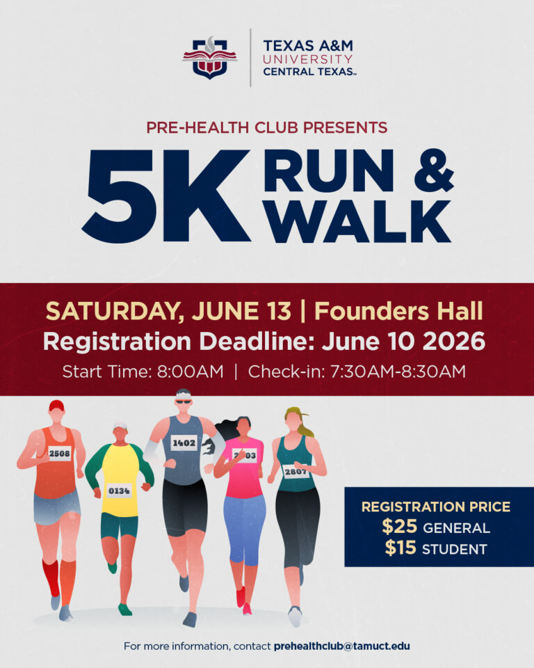 Event flyer for the 5k race. Illustrated people run in different atheltic gear wearing race numbers