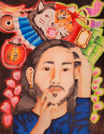 A multimedia illustration of a man with images of Japanese style artwork behind him.