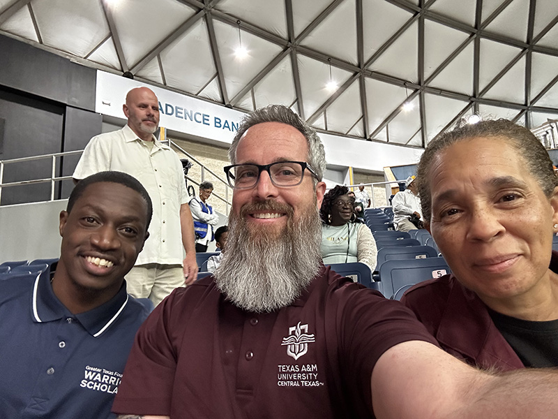 Anthony Simmons (from left) program manager for early college initiatives at A&M–Central Texas, along with Director of the Writing and Learning Center Chad Pettit and Associate Registrar Caroline Williams take a quick selfie at the Killeen Early College High School graduation at the Cadence Bank Center. The trio was there to support the graduates and represent the university and its new partnership with KISD’s Adopt-A-Campus program.