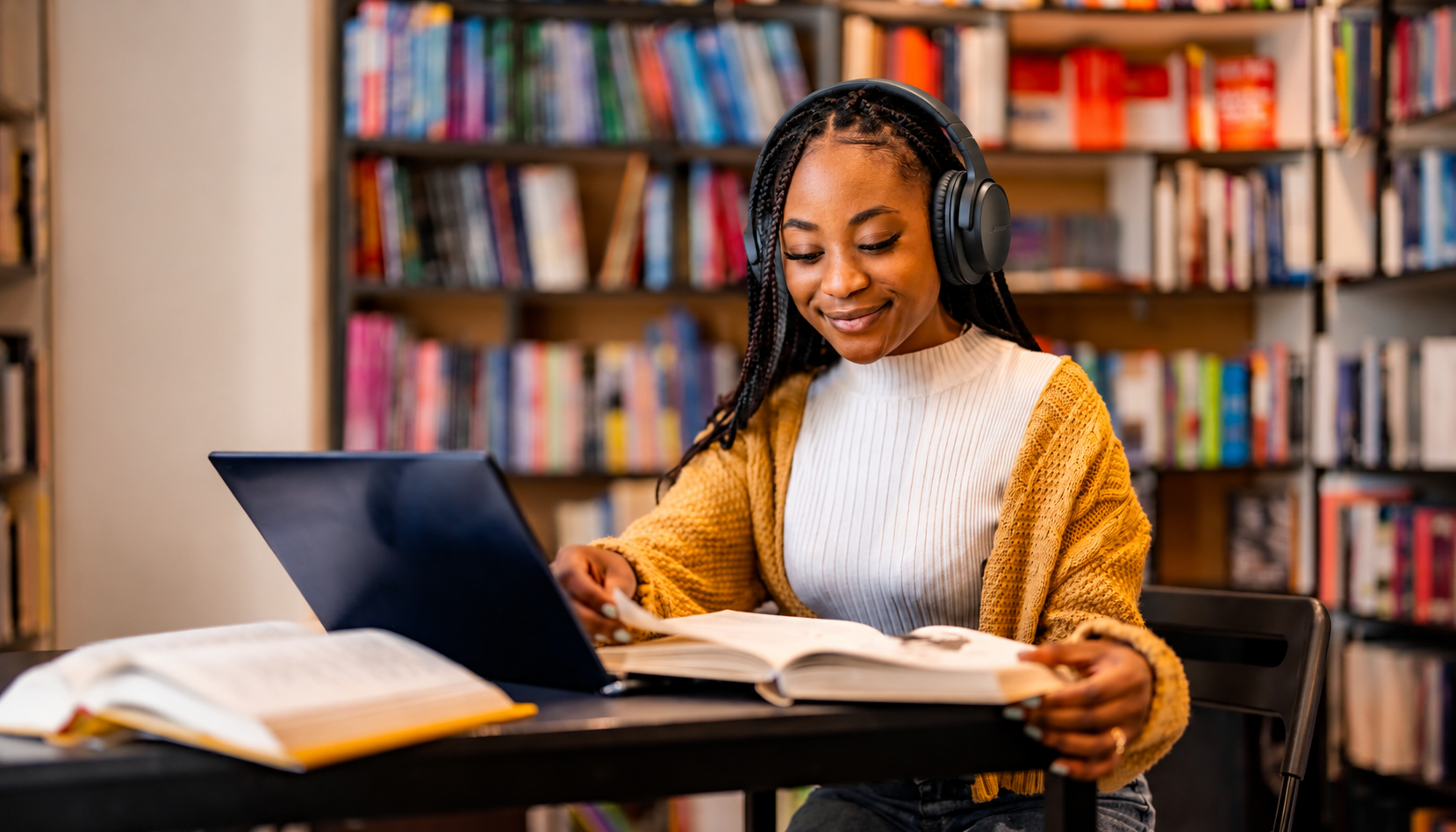 Student receiving disability accommodations studies in a library while wearing noise-cancelling headphones.