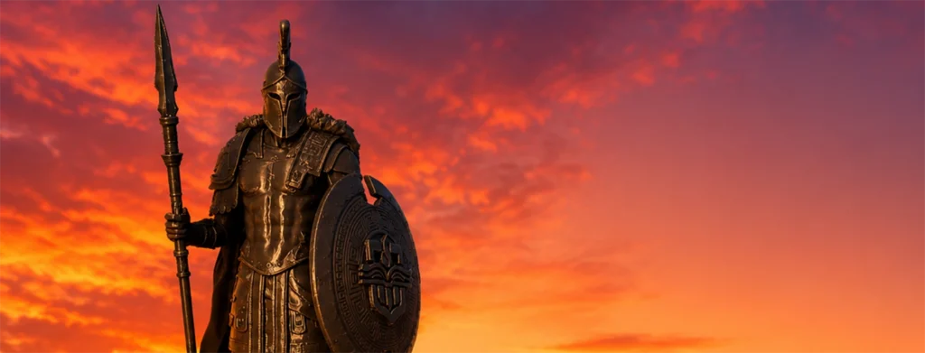 Statue of a spartan warrior in front of a sunset background