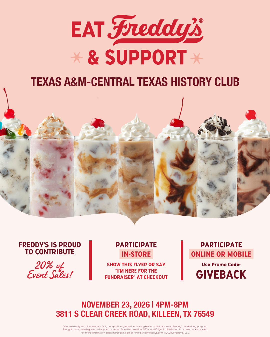Et Freddy's and support Texas A&M University–Central Texas History Club Fundraiser Event